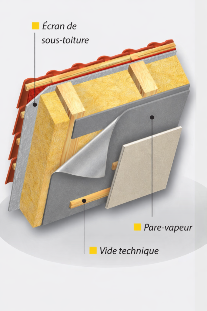 Schéma en coupe d'une toiture montrant la position du pare-vapeur entre l'isolant et le vide technique