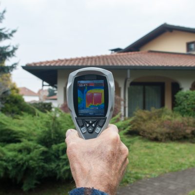 Caméra thermique révélant des pertes de chaleur sur une maison dont l'isolation est à refaire