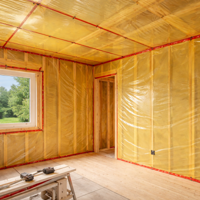 Installation d'un pare-vapeur en polyéthylène sur les murs et le plafond d'une pièce en construction